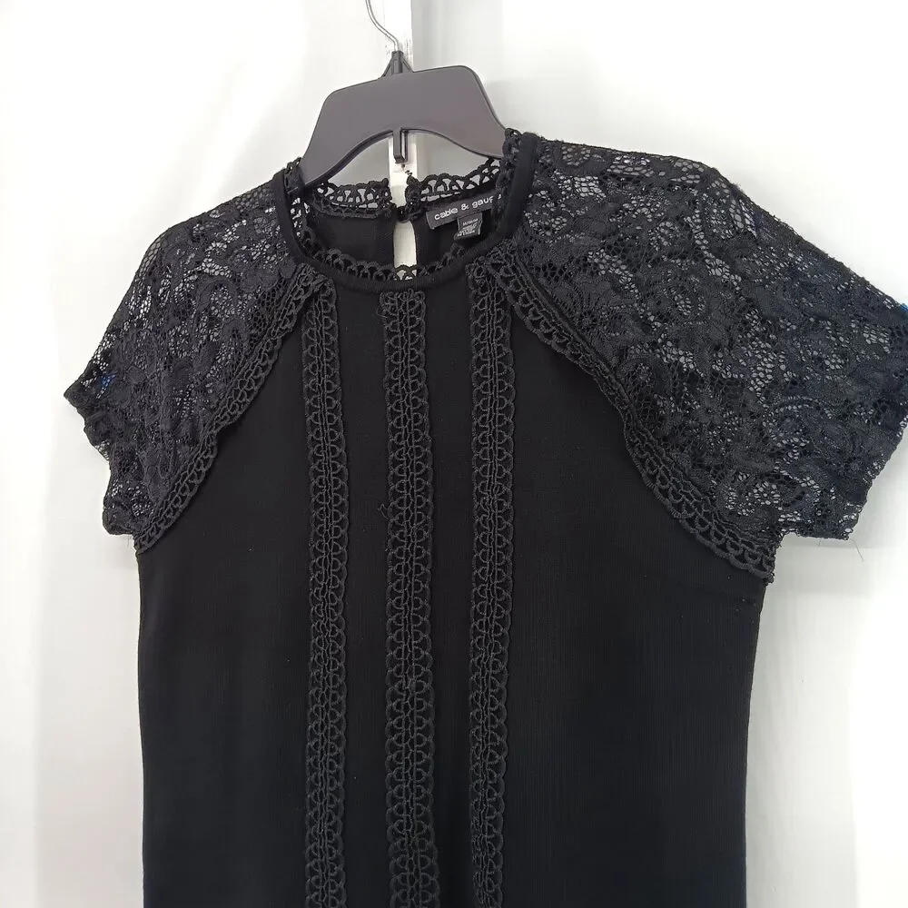Cable & Gauge Blouse Women Medium Black Crochet Lace Accent Short Sleeve Top